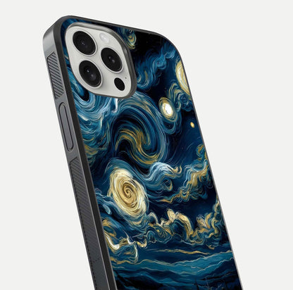 Midnight Sky Whirl Glass Case for iPhone 16 Pro close-up angle showing spiral design and HD gloss reflection
