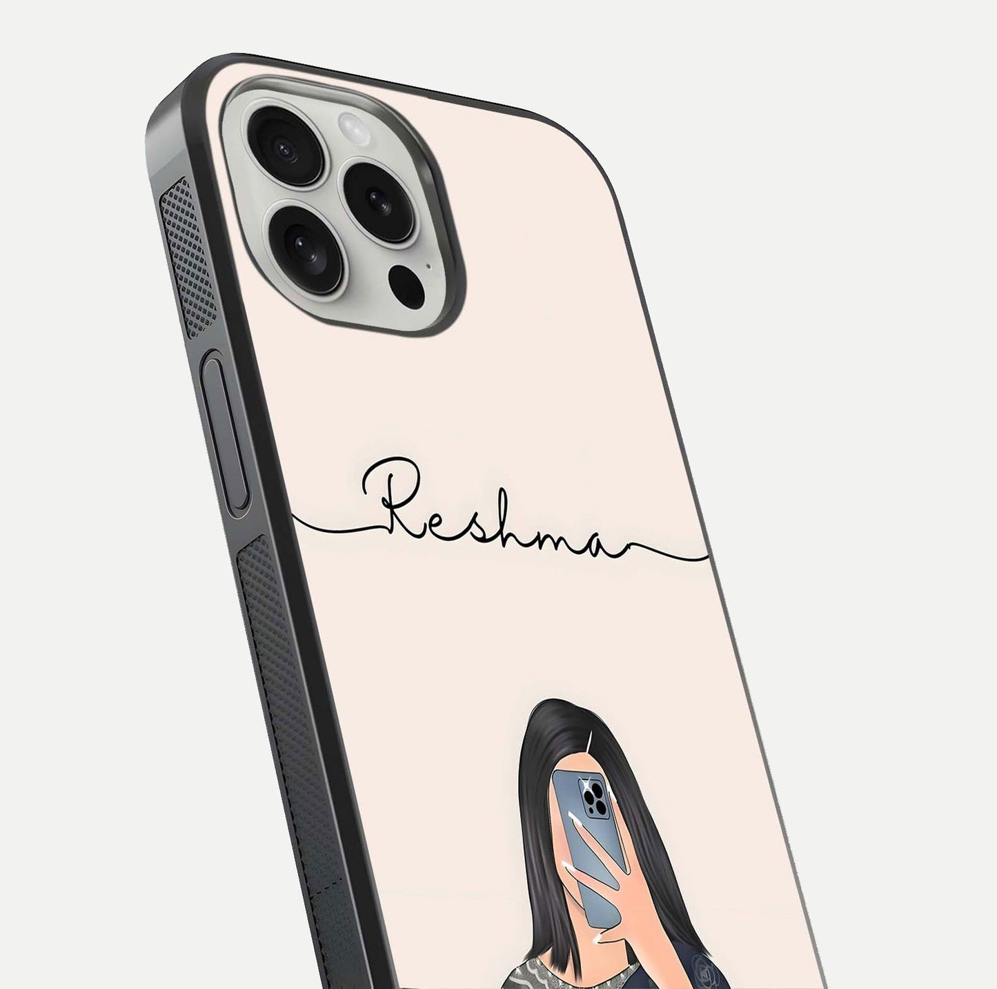Mirror Mood Muse Custom Name Glass Case for iPhone 16 Pro close-up angled shot highlighting gloss and mirror depth