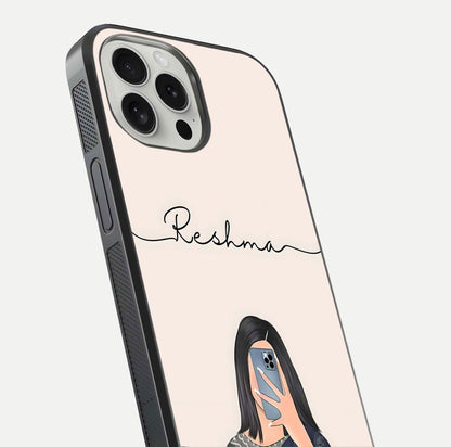 Mirror Mood Muse Custom Name Glass Case for iPhone 16 Pro close-up angled shot highlighting gloss and mirror depth