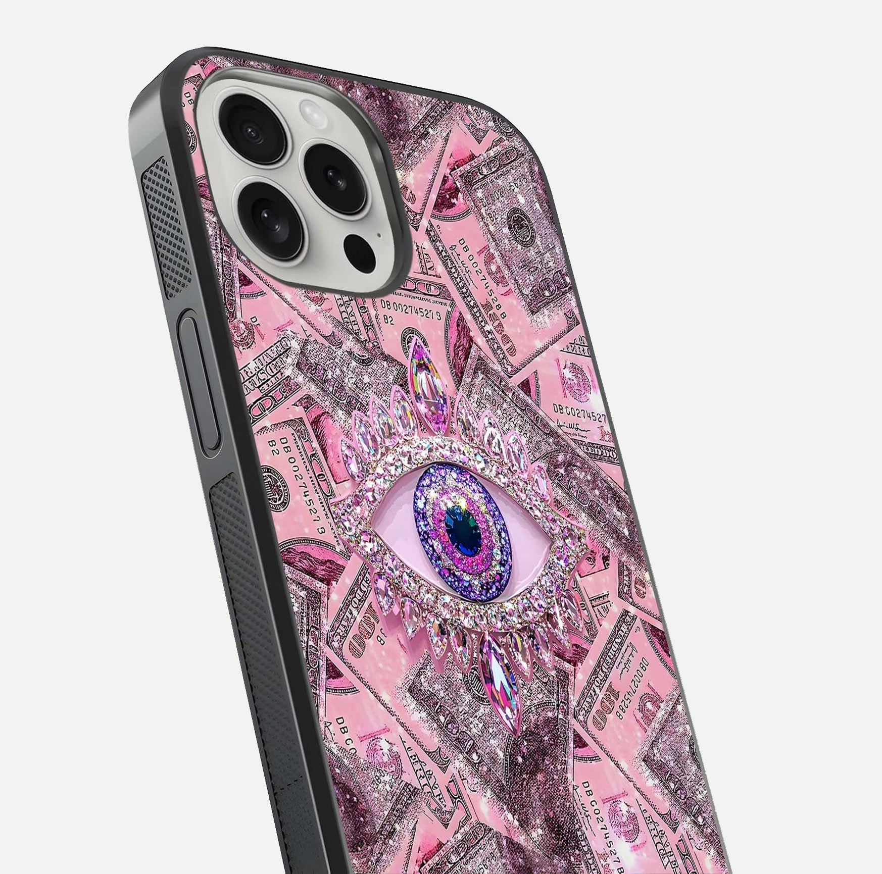 Money Eye Luxe Glass Case for iPhone 16 Pro close-up angled shot showing gold detailing and reflection shine
