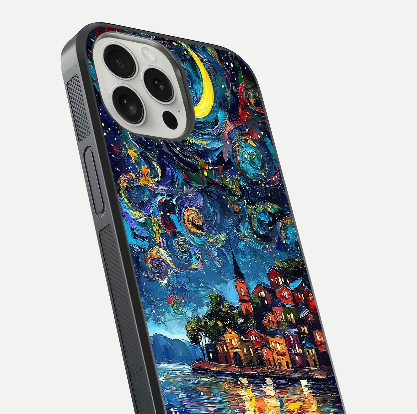 Moonlight Harbor Glow Glass Case for iPhone 16 Pro close-up angled shot showing reflection and moonlight glow