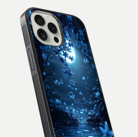 Moonlight Petal Dream Glass Case for iPhone 16 Pro close-up angled shot showing petal reflection and glow texture