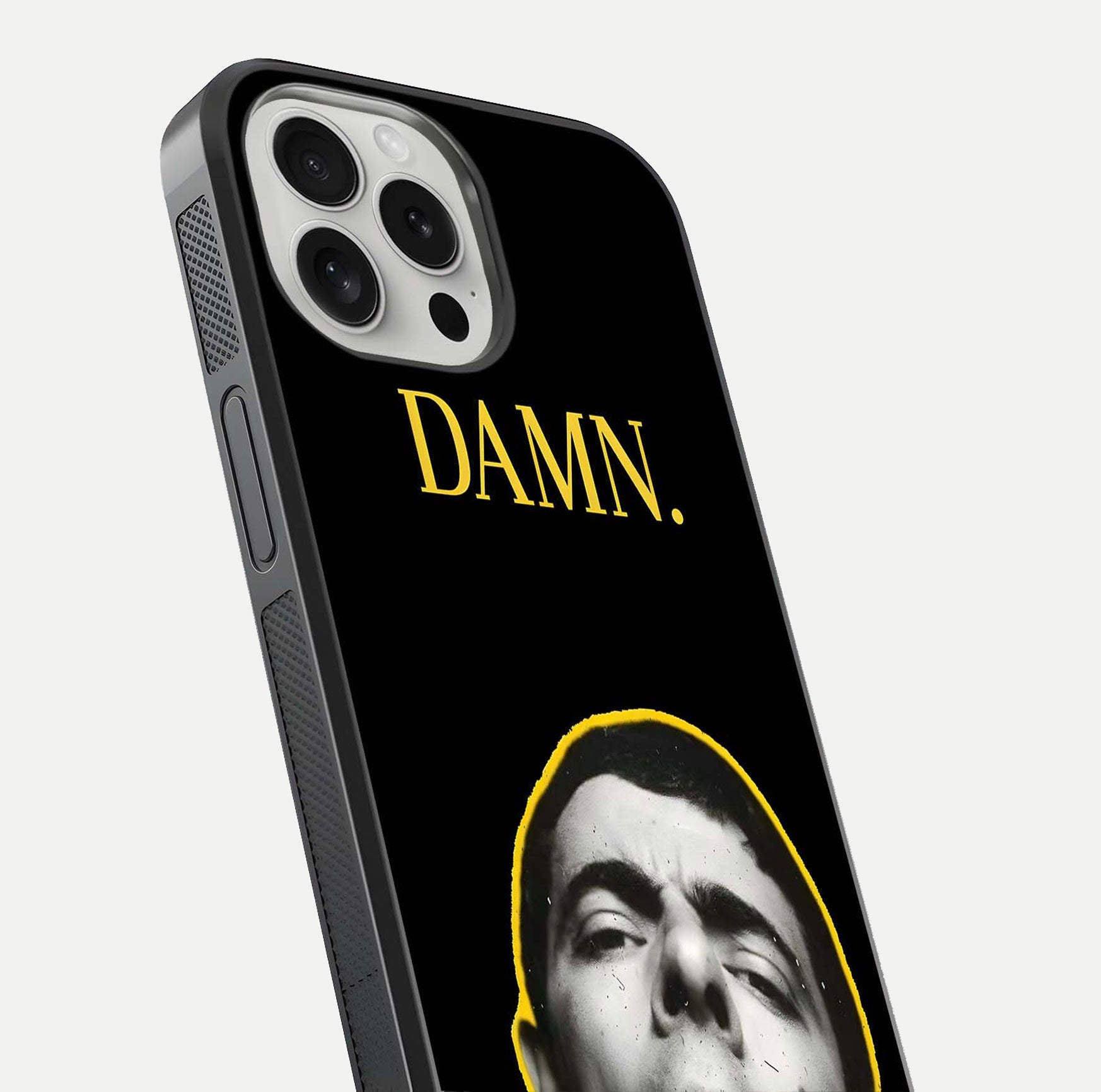 Mr Bean Damn Glass Case for iPhone 16 Pro close-up angled shot highlighting comic expression and shine detail
