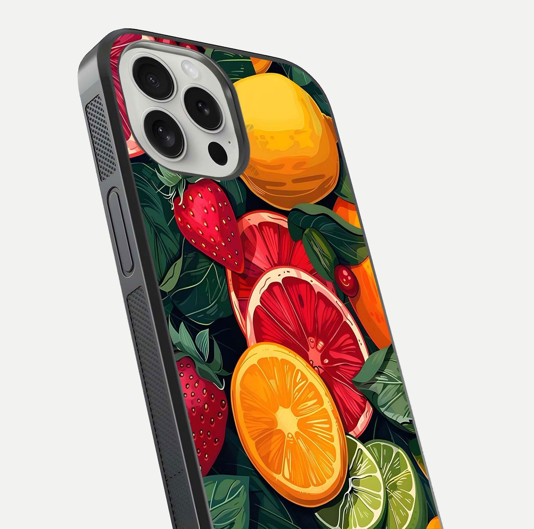 Multiple Fruits Glass Case for iPhone 16 Pro close-up angled shot showing fruit texture and HD gloss shine