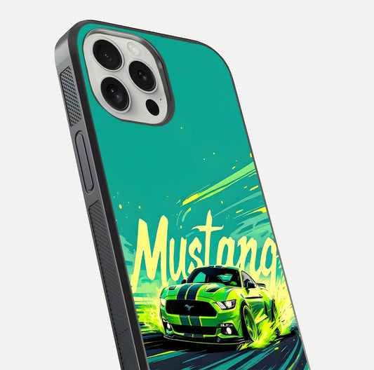 Mustang Bang Glass Case for iPhone 16 Pro close-up angled shot showing car emblem and HD reflection