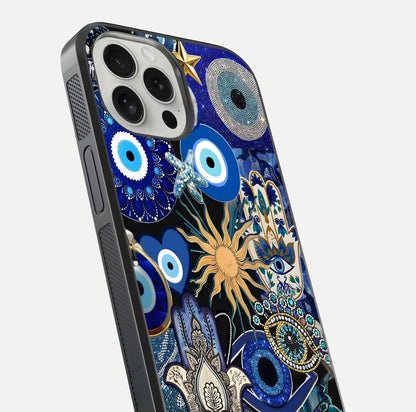 Mystic Blue Evil Eye Glass Case for iPhone 16 Pro close-up angled shot highlighting mystical glow and HD reflection