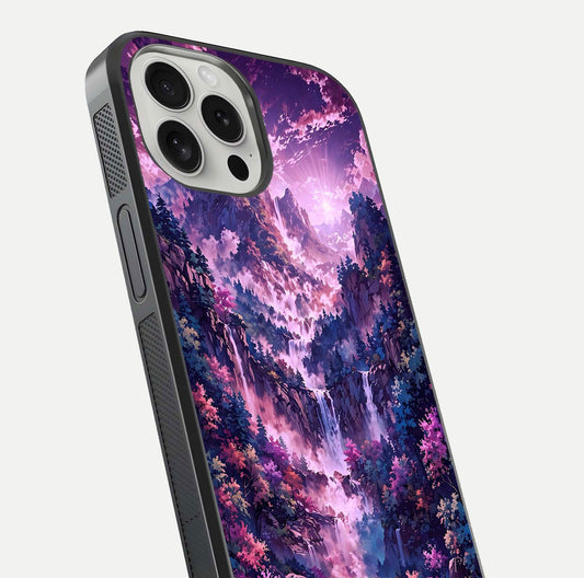 Mystic Cascade Peaks Glass Case for iPhone 16 Pro close-up angled shot showing peak reflections and color gradient