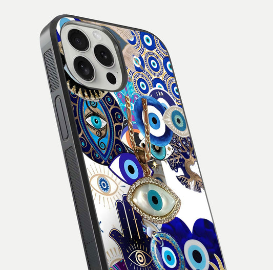 Mystic Charm Eye Glass Case for iPhone 16 Pro close-up angled shot showing detailed eye art and reflection
