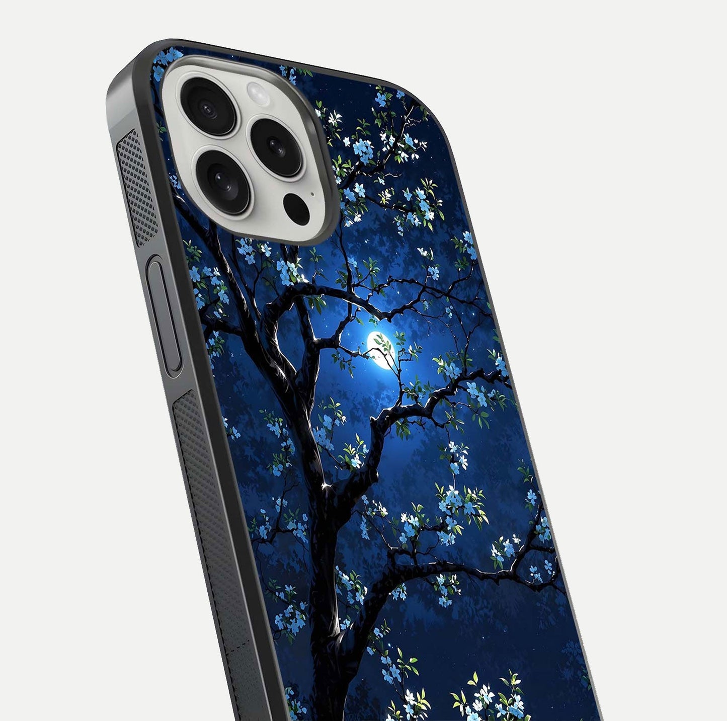 Mystic Floral Night Glass Case for iPhone 16 Pro close-up angled shot highlighting petal detail and HD reflection