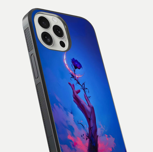 Mystic Hand Glass Case for iPhone 16 Pro close-up angled shot showing spiritual markings and reflection