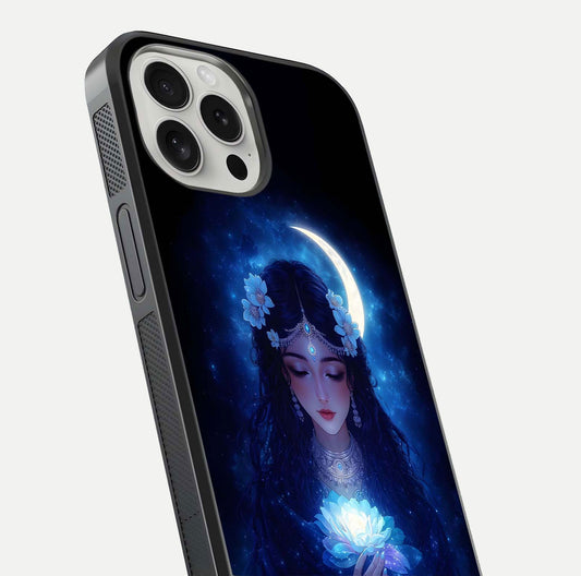 Mystic Moon Queen Glass Case for iPhone 16 Pro close-up angled shot showing shine and lunar tones
