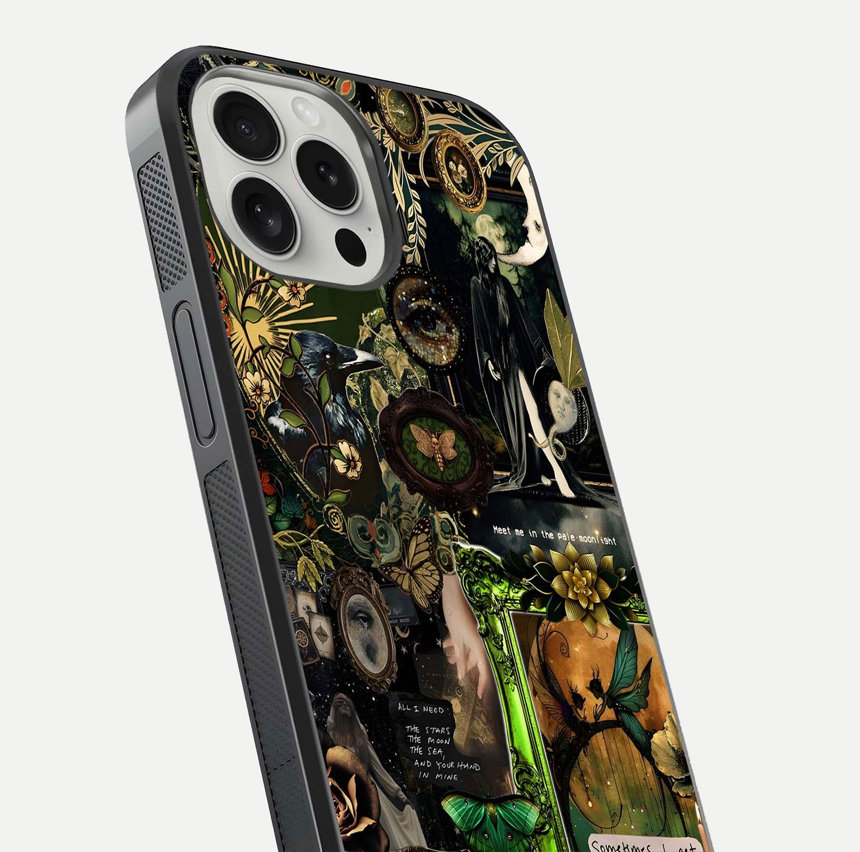 Mystic Woods Secret Glass Case for iPhone 16 Pro close-up angled shot highlighting tree texture and reflection