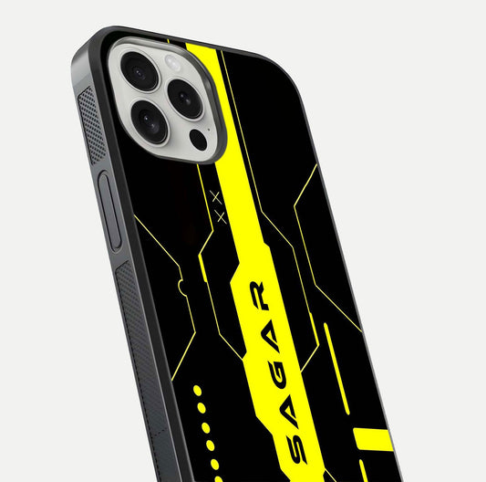Neon CYBERPUNK Custom Name Glass Case for iPhone 16 Pro close-up angled shot highlighting electric colors and reflection