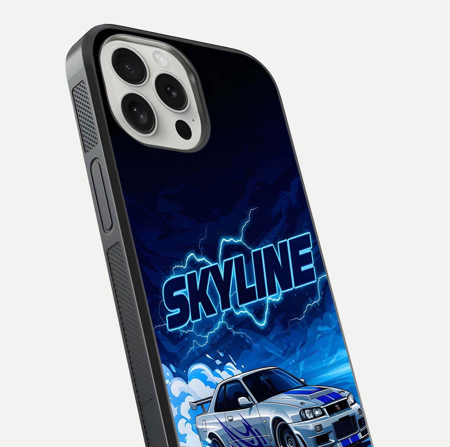 Neon Drift Beast Glass Case for iPhone 16 Pro close-up angled shot highlighting glowing streaks and vivid reflection