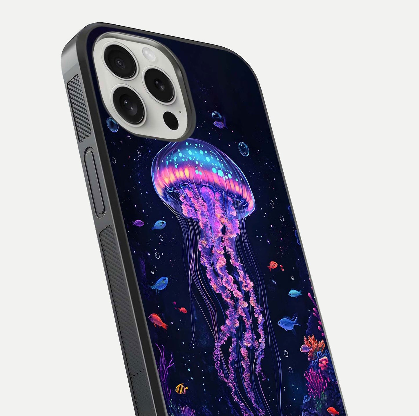 Neon Jellyfish Glass Case for iPhone 16 Pro close-up angled shot showing translucent jellyfish and shine reflection