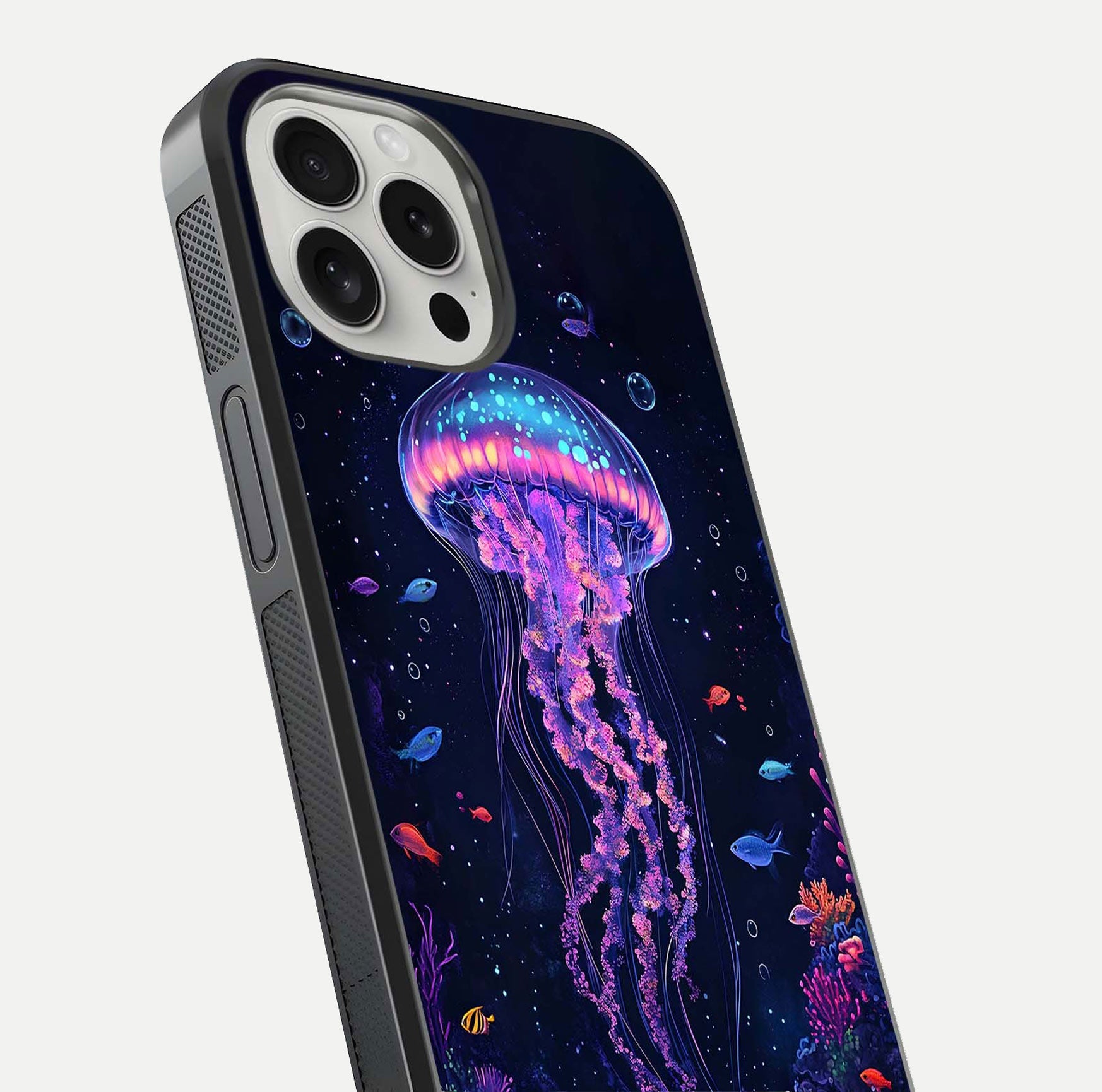 Neon Jellyfish Glass Case for iPhone 16 Pro close-up angled shot showing translucent jellyfish and shine reflection