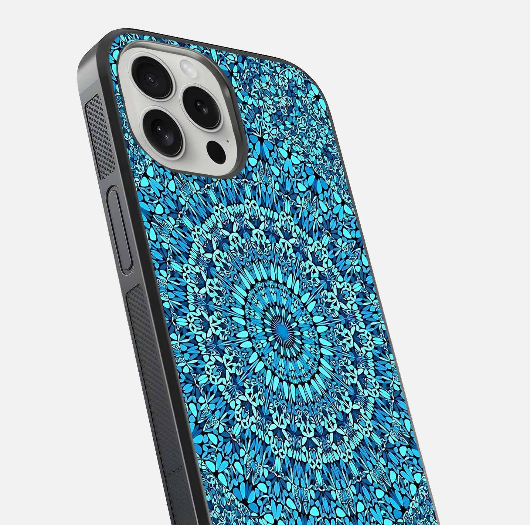 Ocean Bloom Mandala Glass Case for iPhone 16 Pro close-up angled shot highlighting detailed mandala and reflection