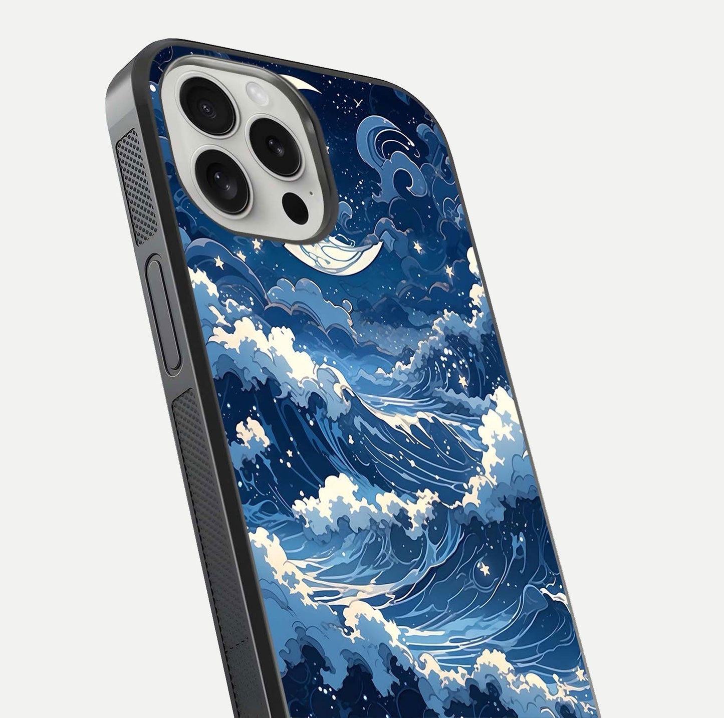 Ocean Moon Waves Glass Case for iPhone 16 Pro close-up angled shot showing HD reflection and calm tones