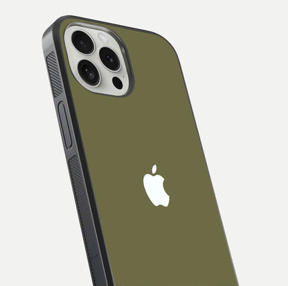 Olive Matte Essence Glass Case for iPhone 16 Pro close-up angled shot showing soft reflection and minimal finish