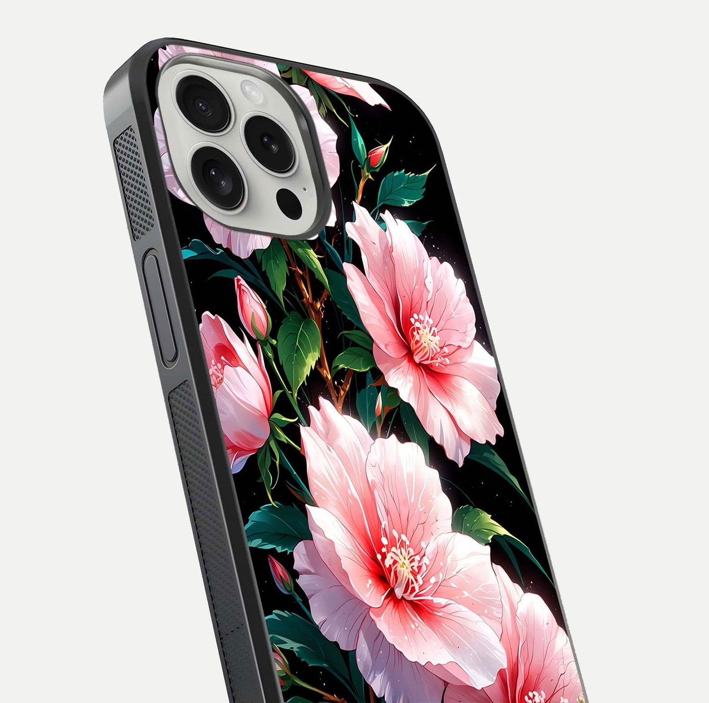 Peach Flower Glass Case for iPhone 16 Pro close-up angled shot highlighting floral petals and HD glass reflection