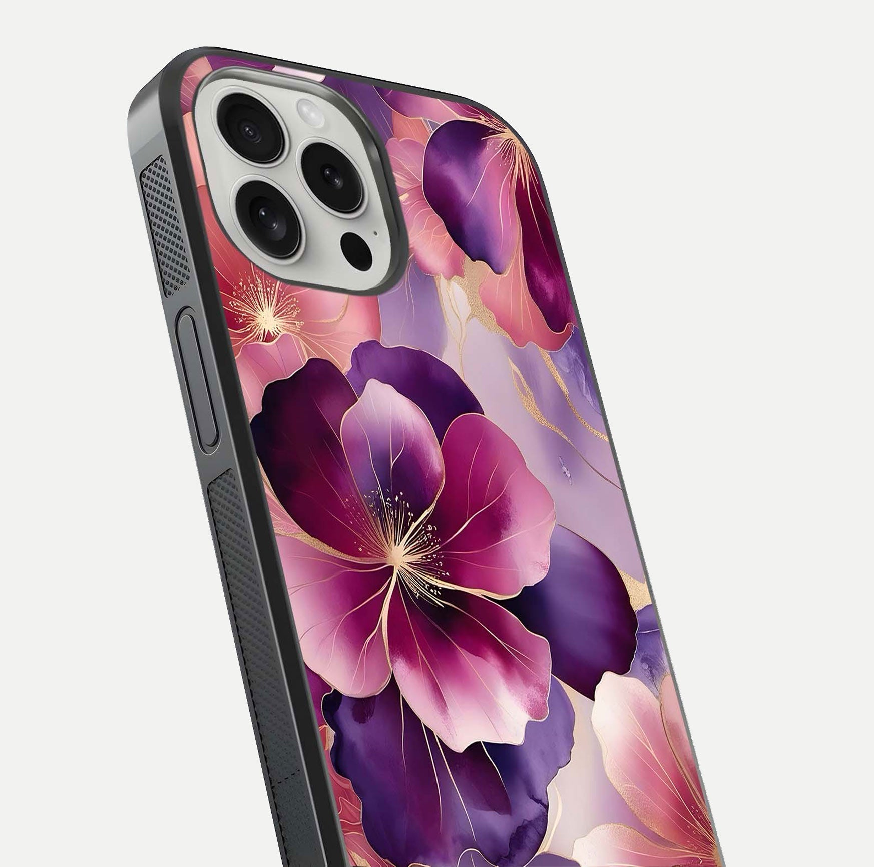 Pink Bouquet Florals Glass Case for iPhone 16 Pro close-up angled shot showing bouquet details and reflection