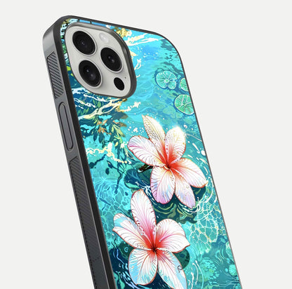 Pink Flowers in Water Glass Case for iPhone 16 Pro close-up angled shot highlighting water ripple and reflection