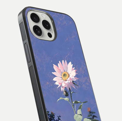 Pink Sunflower Glow Glass Case for iPhone 16 Pro close-up angled shot highlighting petal texture and reflection