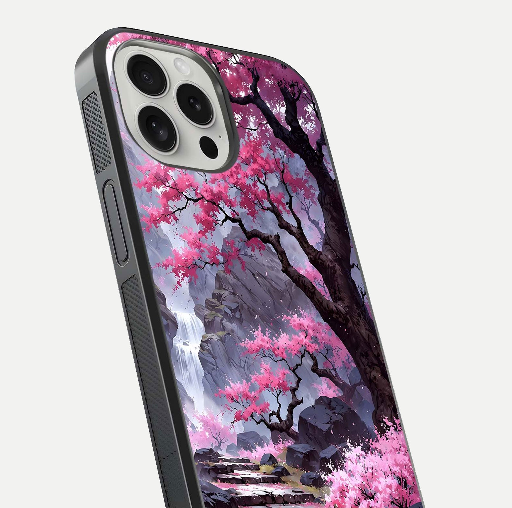 Pinkish Scenery Glass Case for iPhone 16 Pro close-up angled shot showing reflection and gradient color blend