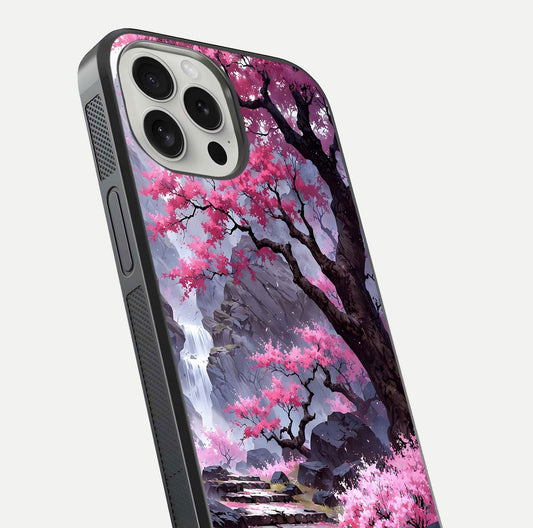 Pinkish Scenery Glass Case for iPhone 16 Pro close-up angled shot showing reflection and gradient color blend
