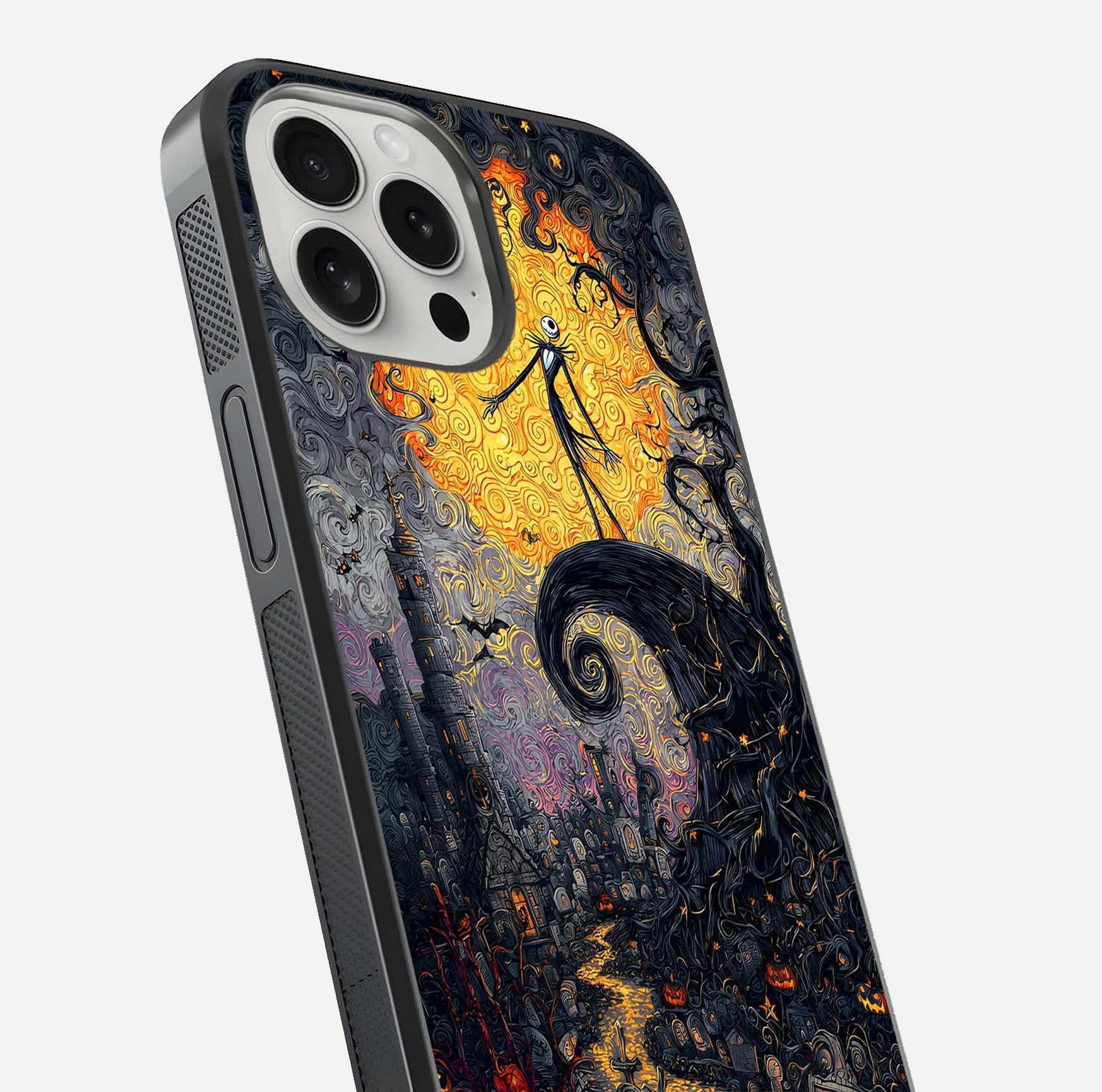 Pumpkin Moon Night Glass Case for iPhone 16 Pro close-up angled shot showing moon reflection and Halloween glow