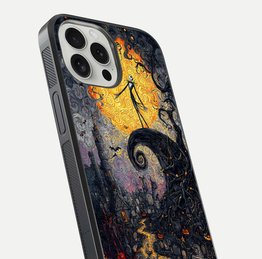 Pumpkin Moon Night Glass Case for iPhone 16 Pro close-up angled shot showing moon reflection and Halloween glow