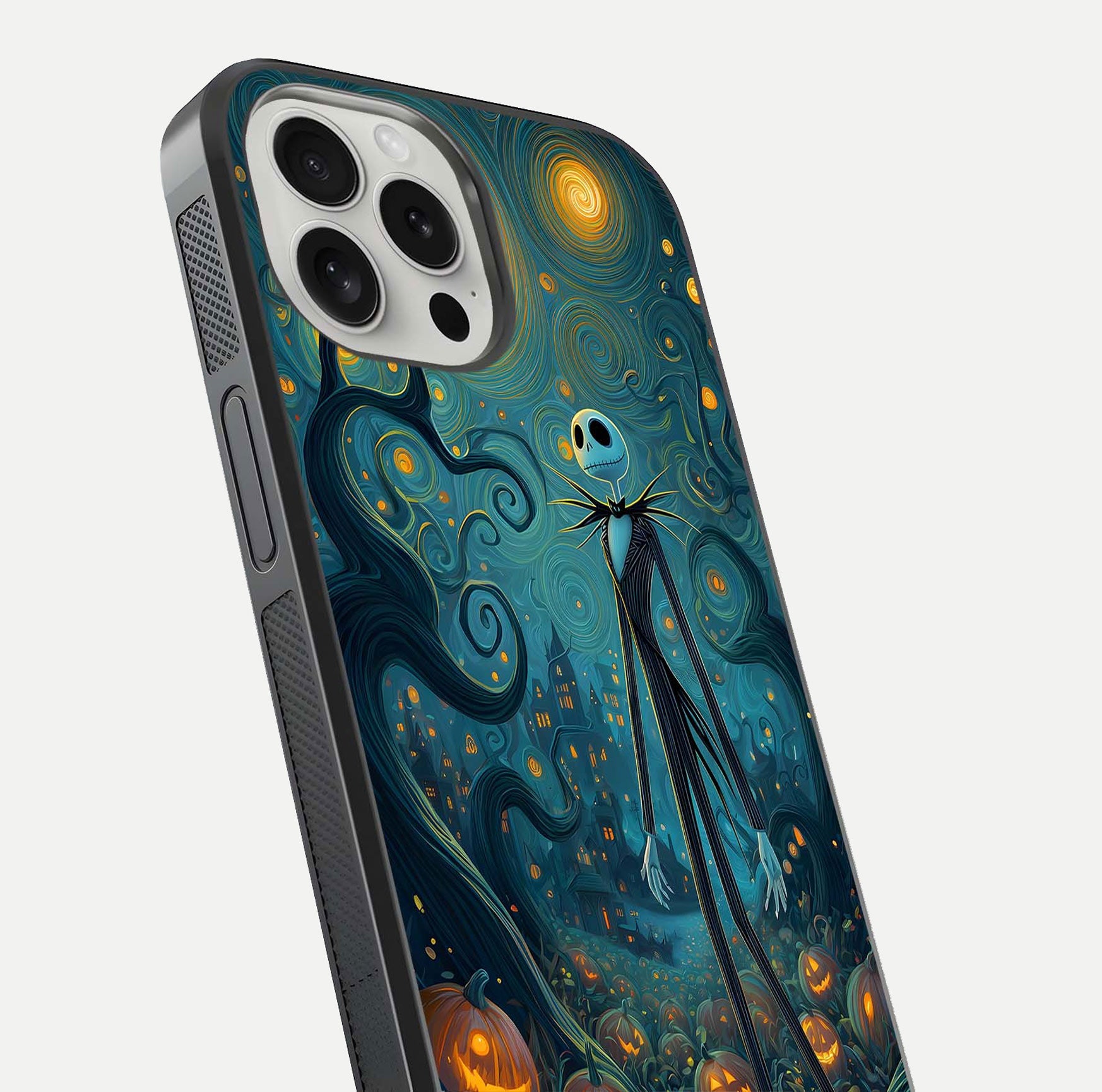 Pumpkin Moonlight Tale Glass Case for iPhone 16 Pro close-up angled shot highlighting reflection and vibrant glow