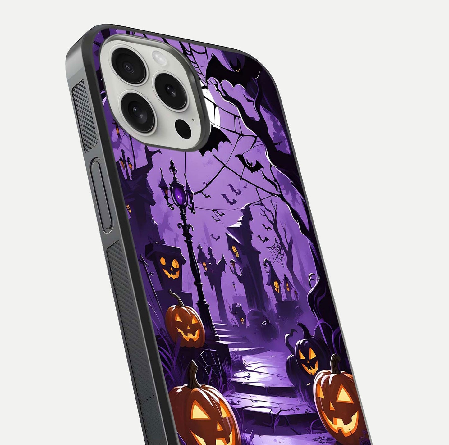 Pumpkin Patch Halloween Glass Case for iPhone 16 Pro close-up angled shot highlighting pumpkin texture and shine
