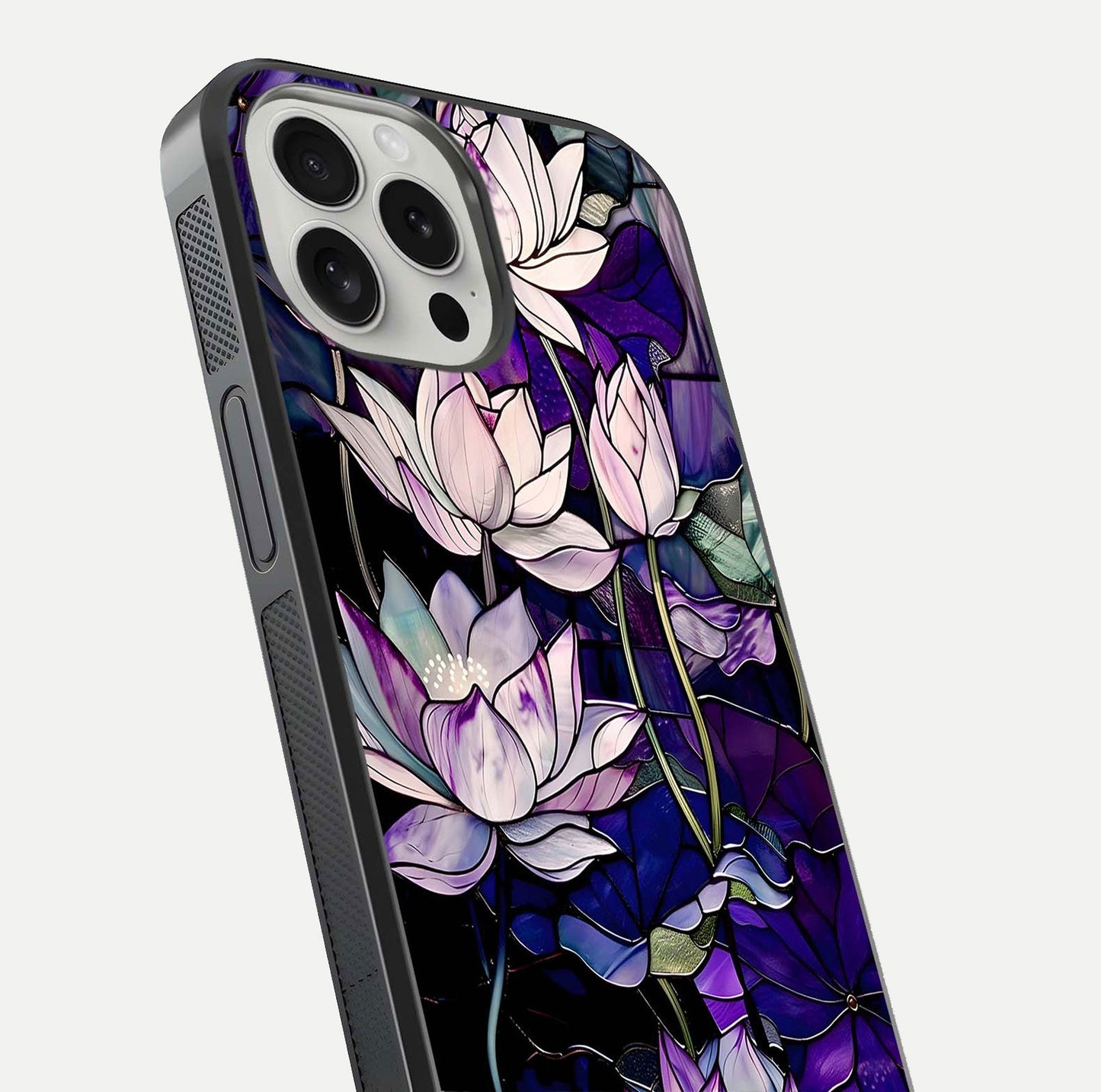 Purple Lotus Pattern Glass Case for iPhone 16 Pro close-up angled shot showing petal texture and HD reflection