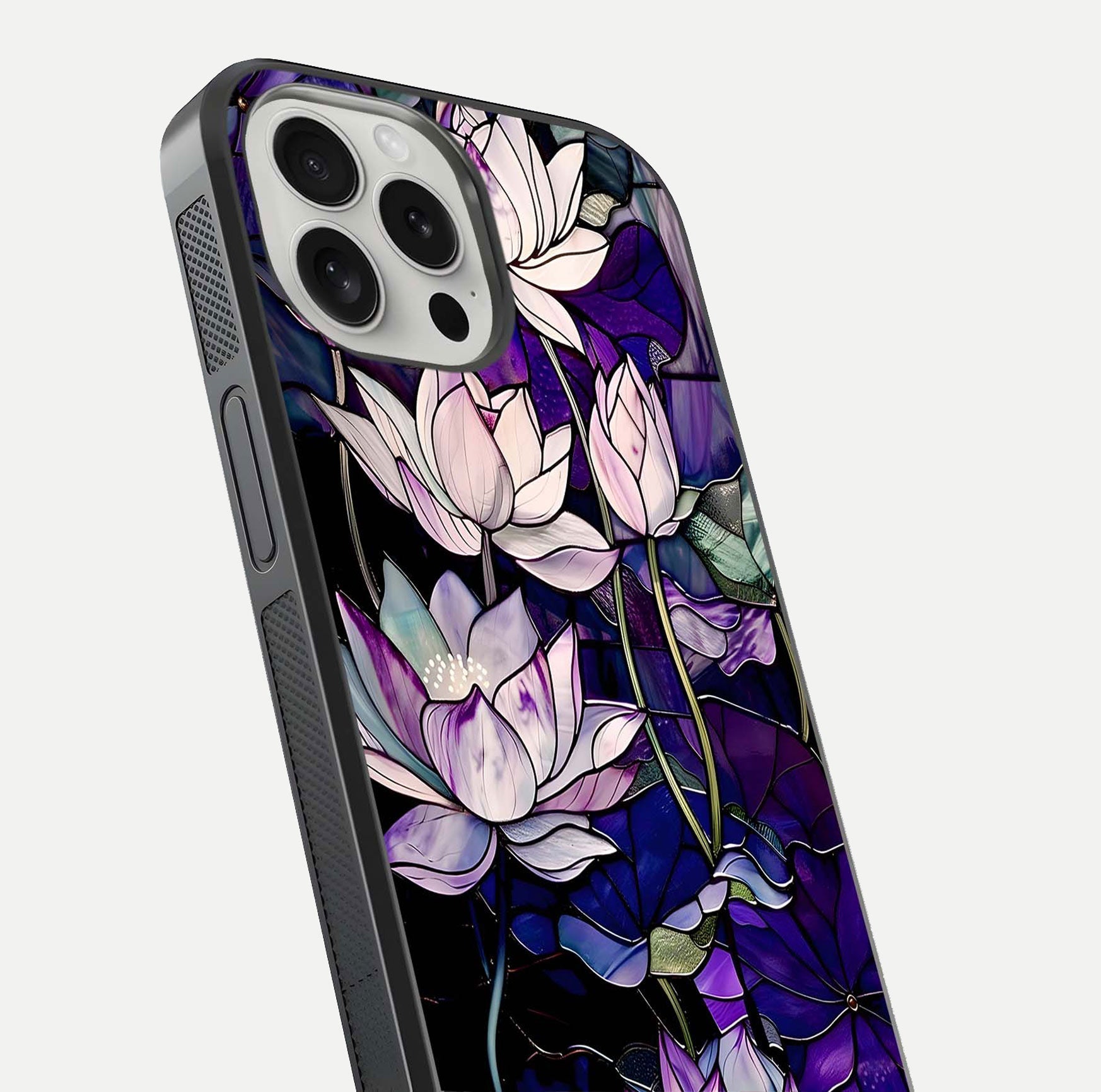 Purple Lotus Pattern Glass Case for iPhone 16 Pro close-up angled shot showing petal texture and HD reflection