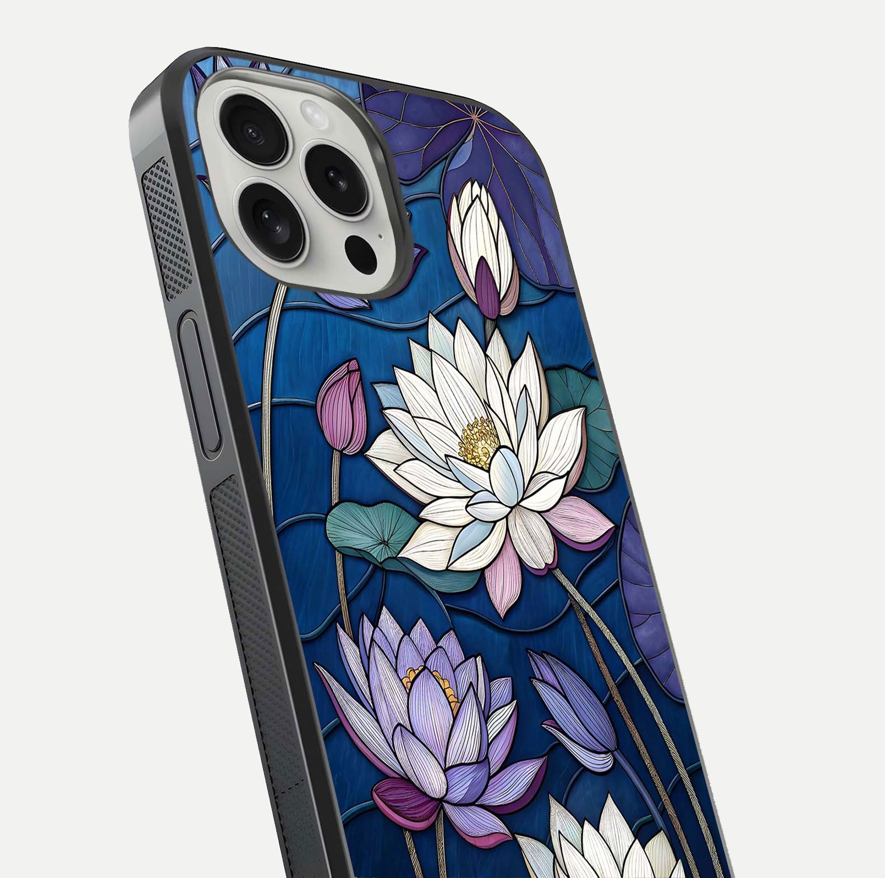 Purple Lotus Stained Glass Case for iPhone 16 Pro close-up angled shot highlighting glass pattern and reflection