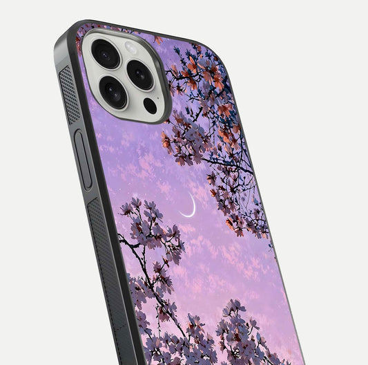 Purple Serenity Moon Glass Case for iPhone 16 Pro close-up angled shot showing reflection and gradient purple hues