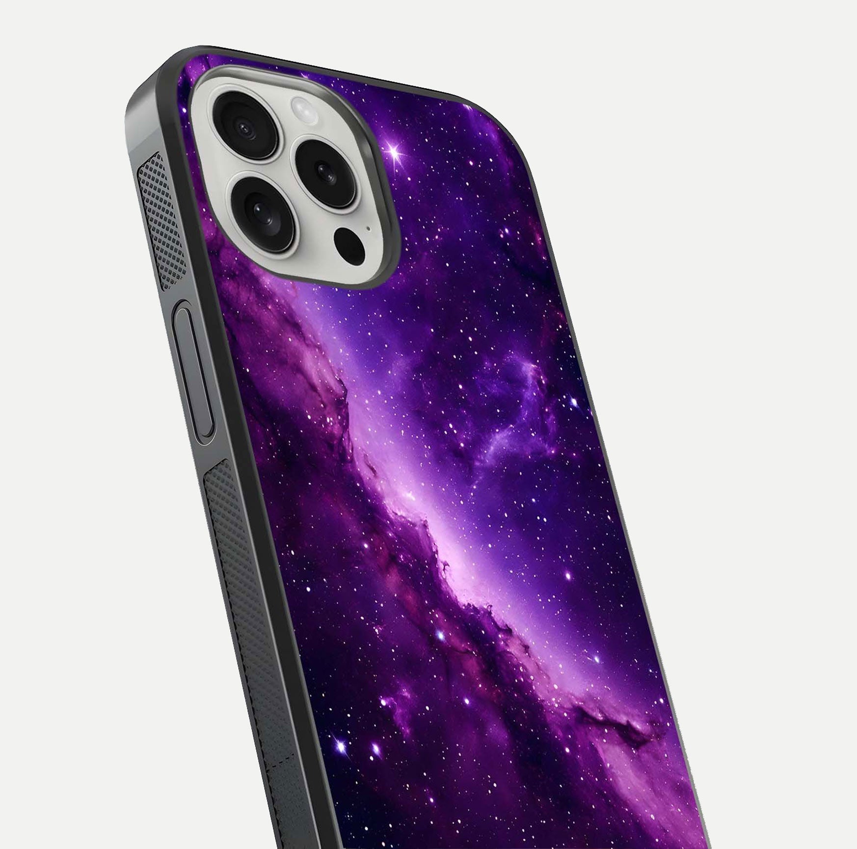 Purple Shade Sky Glass Case for iPhone 16 Pro close-up angled shot highlighting color gradient and reflection