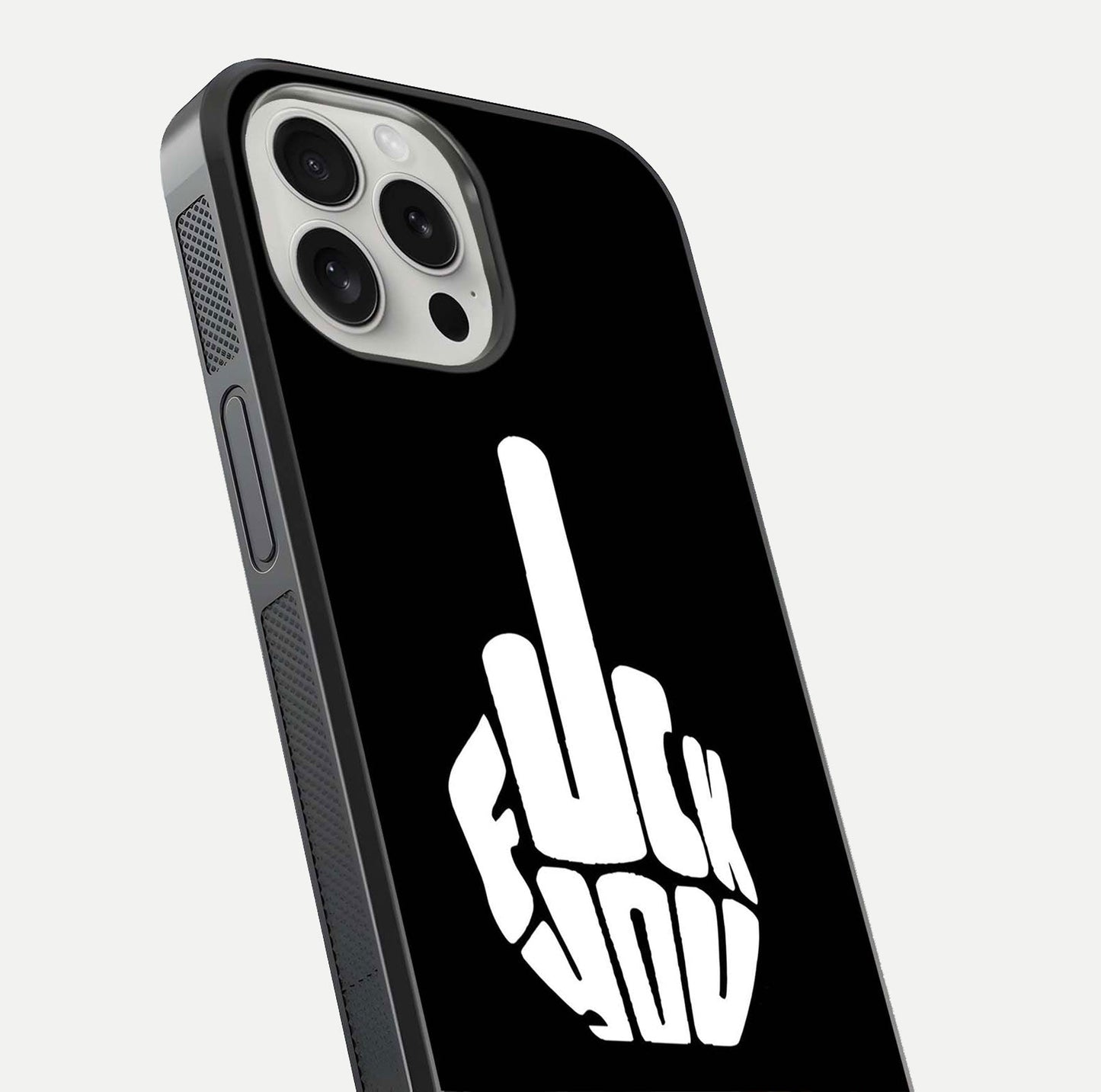 Rebel Mode On Glass Case for iPhone 16 Pro close-up angled shot highlighting reflective text and sharp design