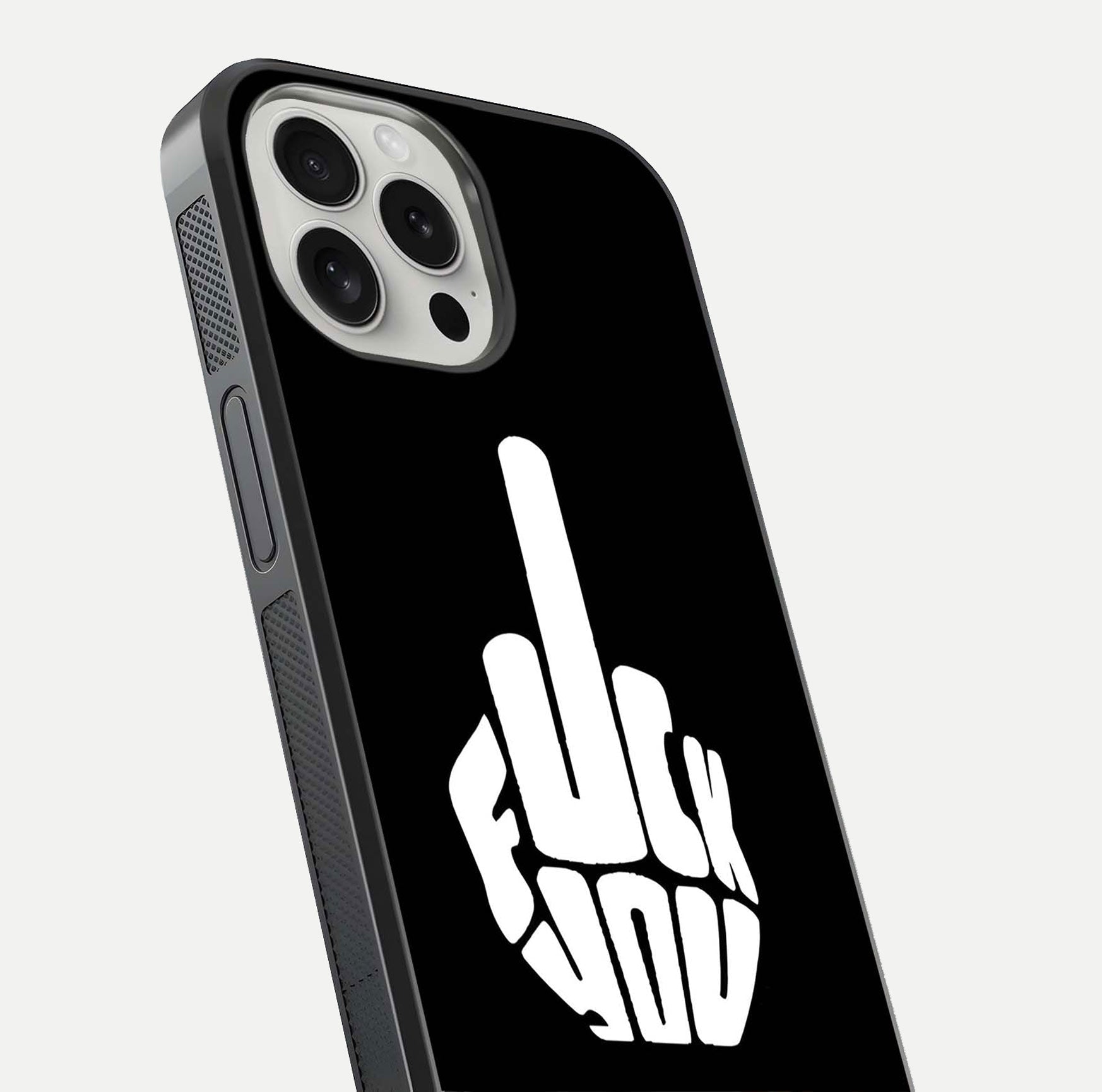 Rebel Mode On Glass Case for iPhone 16 Pro close-up angled shot highlighting reflective text and sharp design