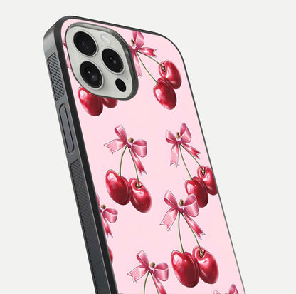 Red Cherries Pattern Glass Case for iPhone 16 Pro close-up angled shot showing cherry details and HD reflection