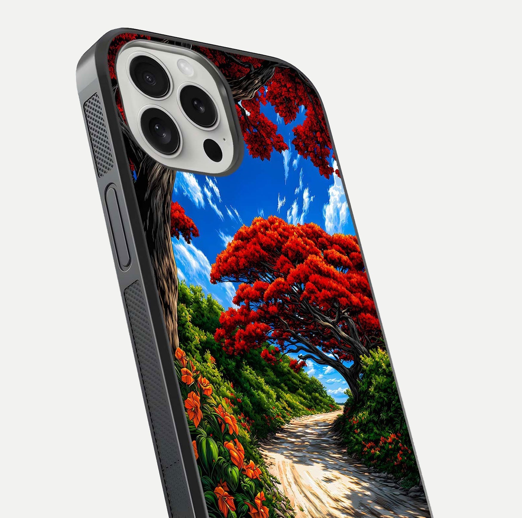 Red Trees Pathway Glass Case for iPhone 16 Pro close-up angled shot highlighting forest detail and reflection