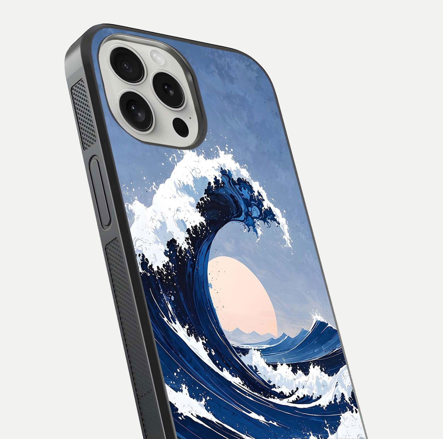 Rising Tide Power Glass Case for iPhone 16 Pro close-up angled shot highlighting water motion and reflection