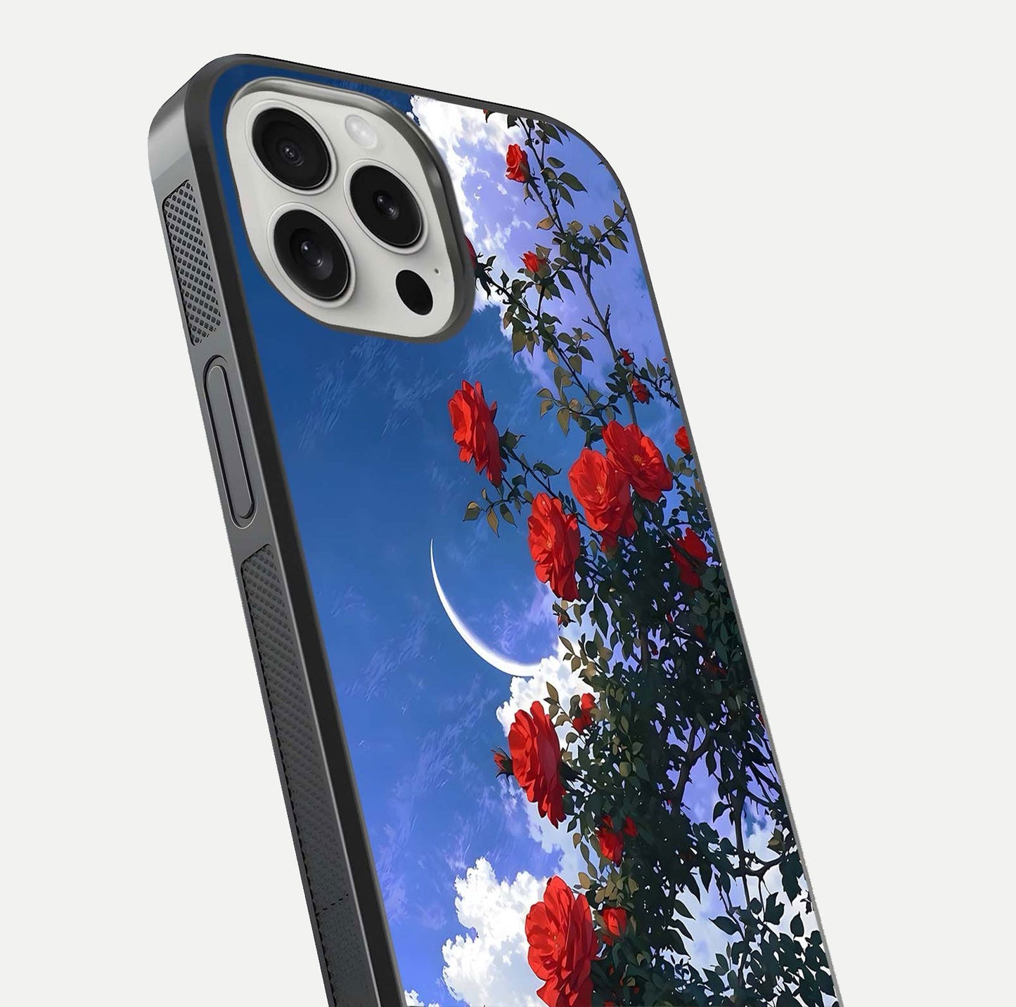 Rose Drift Flowers Glass Case for iPhone 16 Pro close-up angled shot highlighting floral texture and reflection