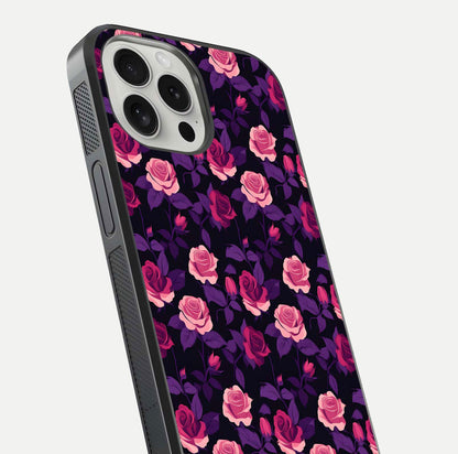 Rose Garden Twilight Glass Case for iPhone 16 Pro close-up angled shot highlighting rose contrast and reflection