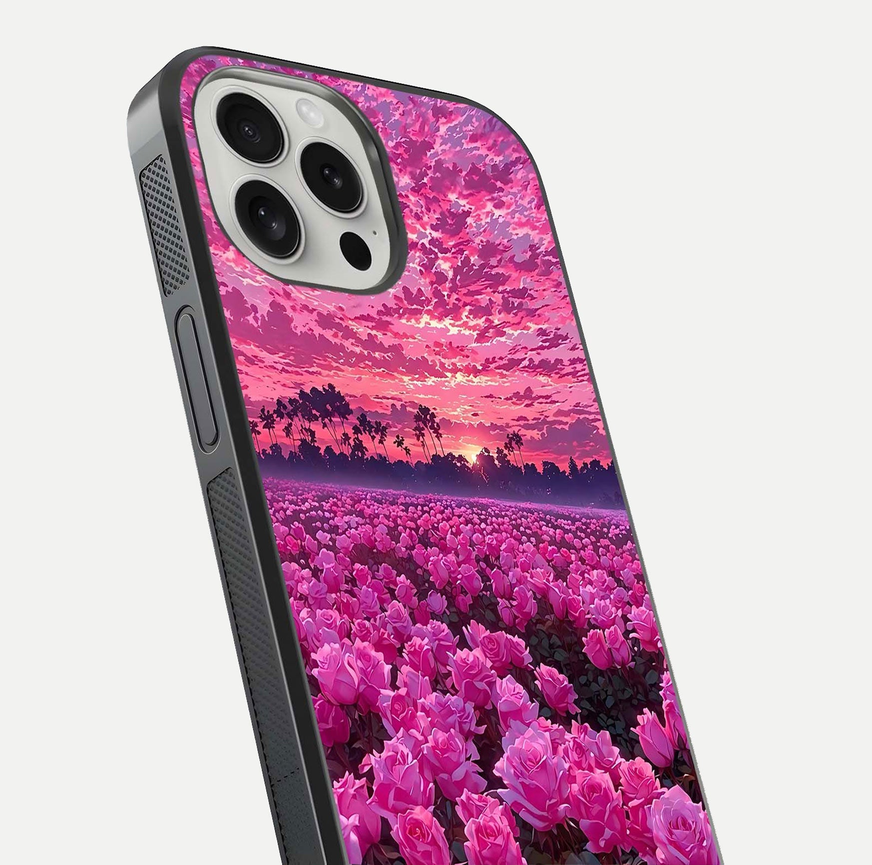 Rose Sunset Valley Glass Case for iPhone 16 Pro close-up angled shot showing rose detailing and golden hues