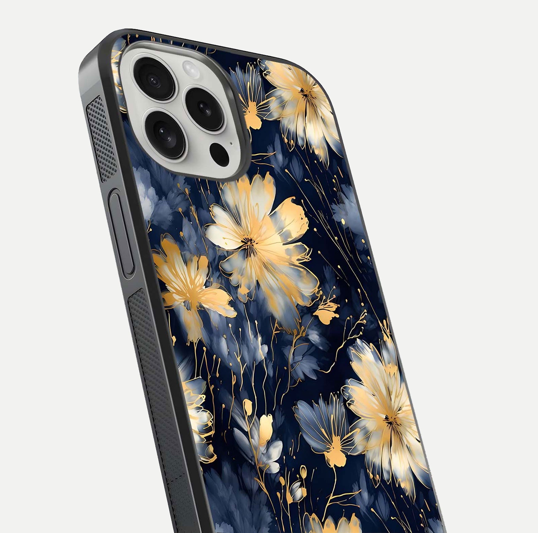 Royal Petal Dream Glass Case for iPhone 16 Pro close-up angled shot highlighting petal texture and reflection depth