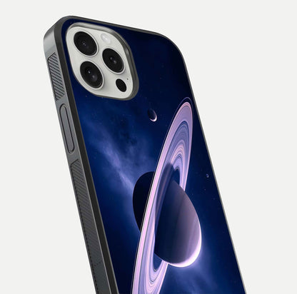 Saturn Ring Mystique Glass Case for iPhone 16 Pro close-up angled shot highlighting ring detail and HD reflection