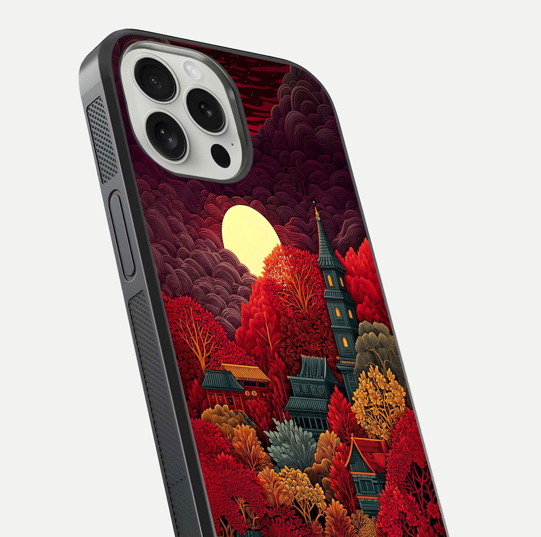 Scarlet Autumn Temple Glass Case for iPhone 16 Pro close-up angled shot highlighting golden leaves and reflection