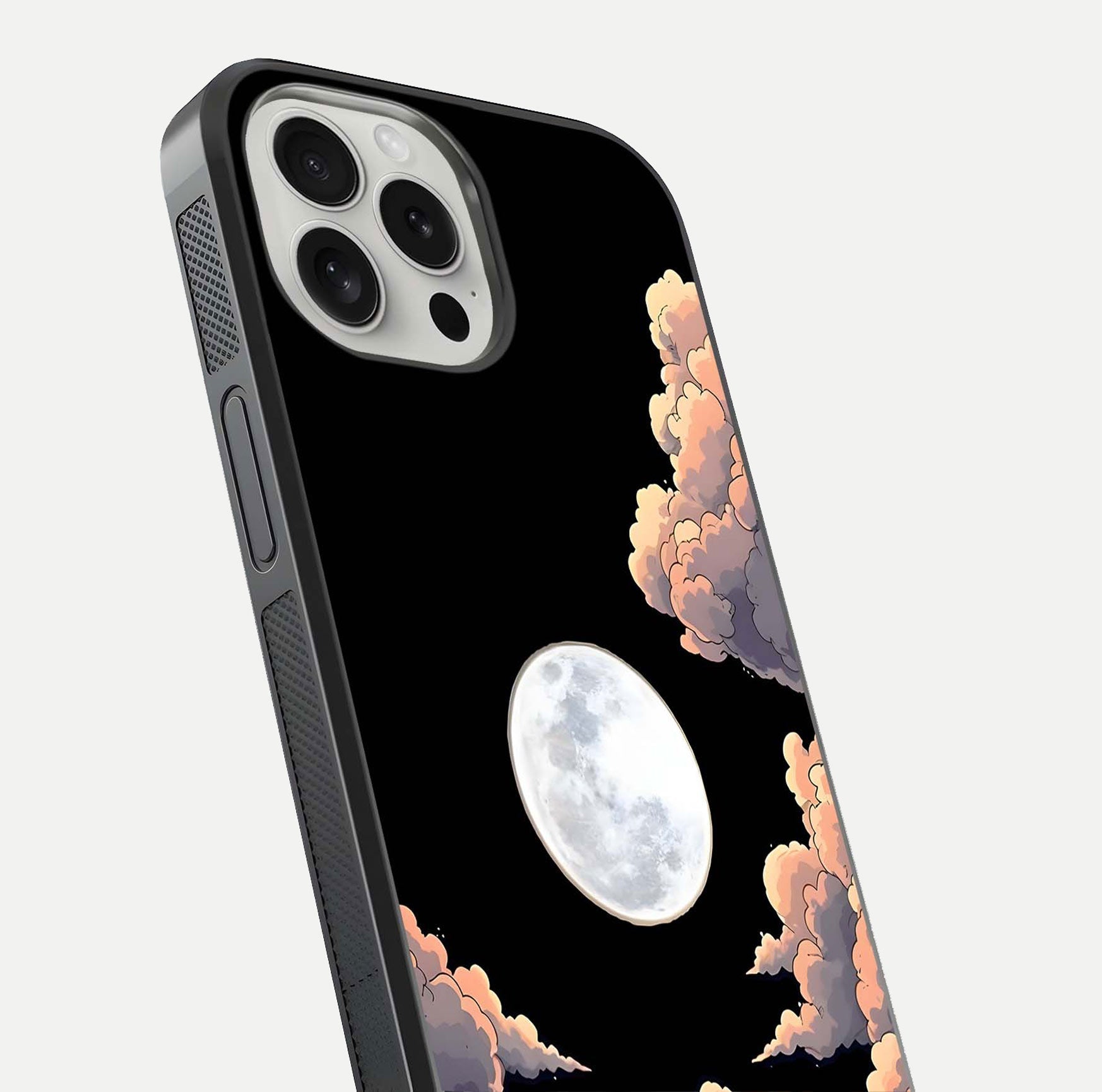 Shade Cloud Moon Glass Case for iPhone 16 Pro close-up angled shot highlighting moon reflection and depth